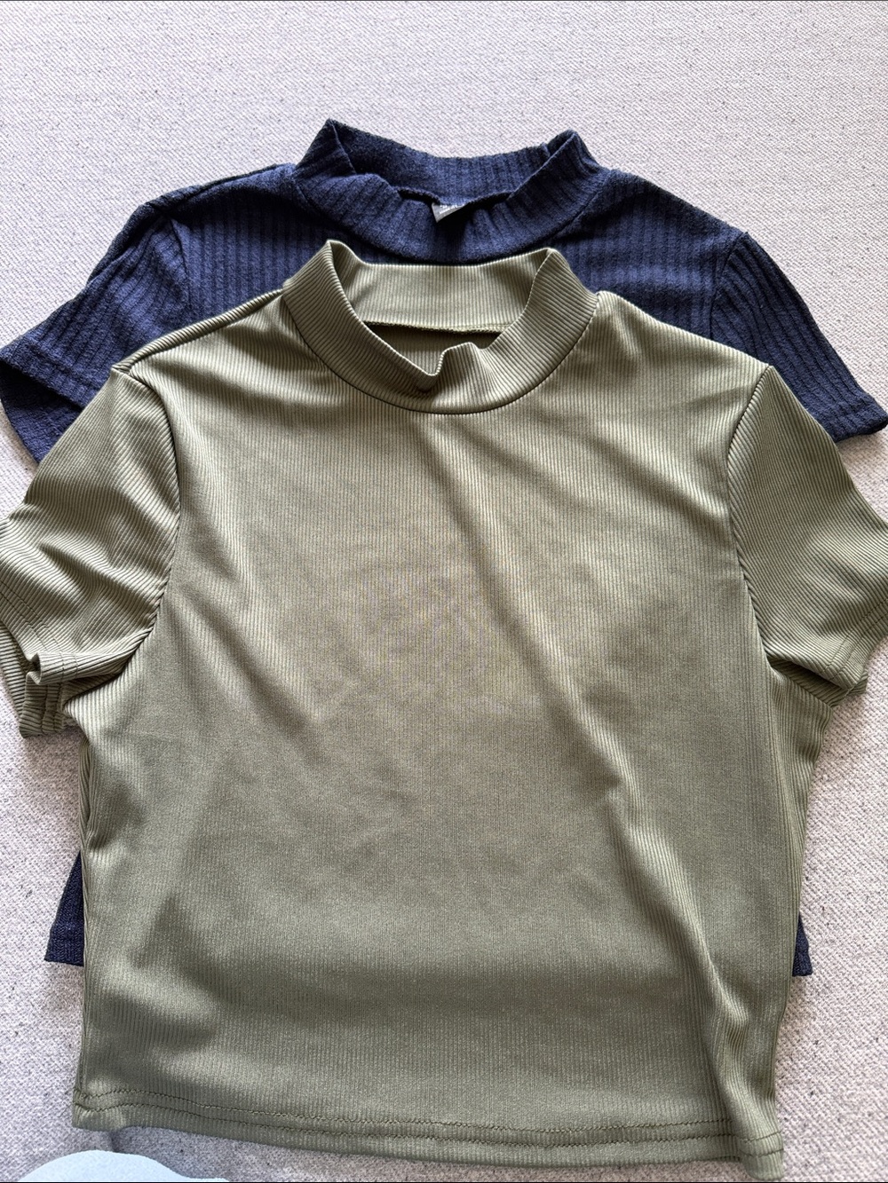 Olive Green and Navy Short Sleeve Mock Neck Crop Top